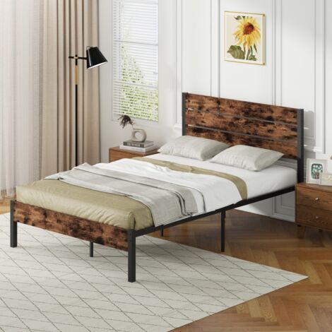 Cadre de Lit 140x200cm avec Sommier en Métal Lit Plateforme avec Tête Haute Barre Silence 32cm Espace de Rangement Marron (1/5)