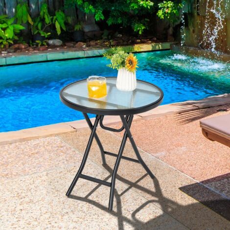 Table de Jardin Bistro Pliante φ46x47cm en Verre&Acier pour Intérieur Extérieur Patio Balcon Terrasse Charge 50 kg Noir (1/5)