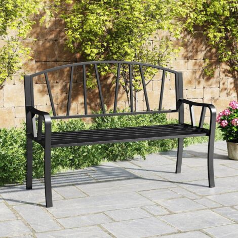 Banc de Jardin en Métal de 129 cm Banc à Lattes pour 2 à 3 Personnes Banc pour Parc avec Accoudoirs Incurvés Siège d'Extérieur Robuste Noir (1/5)