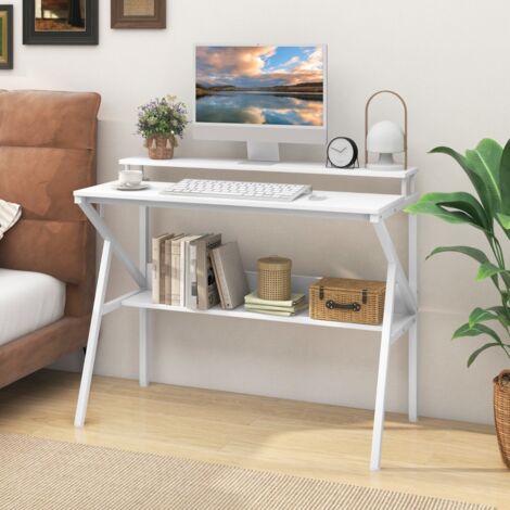 Bureau Compact avec Support pour Moniteur Crochet Suspendu et Étagère de Rangement Bureau d'Écriture Polyvalent avec Cadre Métallique Blanc (1/5)