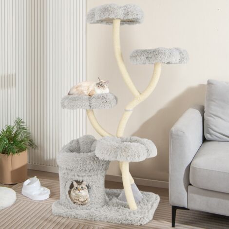 Arbre à Chat de 165 CM Tour à Chat d'Escalade avec 4 Plateformes Rembourrée Poteaux de Grattage en Sisal Niche Privée Gris (1/5)