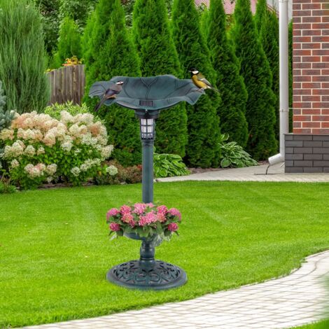 Bain d'Oiseaux Solaire Extérieur Combo sur Piédestal et Mangeoire avec Bol en Feuille de Lotus Jardinière Lampe Solaire Vert (1/5)