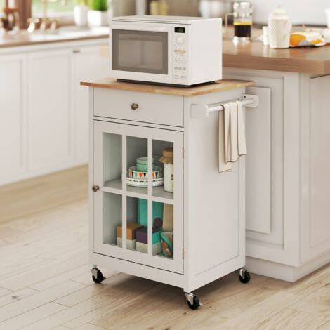 Chariot de Cuisine de 65 CM Table de Bar Mobile avec Plateau en Bois de Caoutchouc Roues Verrouillables Tiroir Porte-Serviettes Blanc (1/5)
