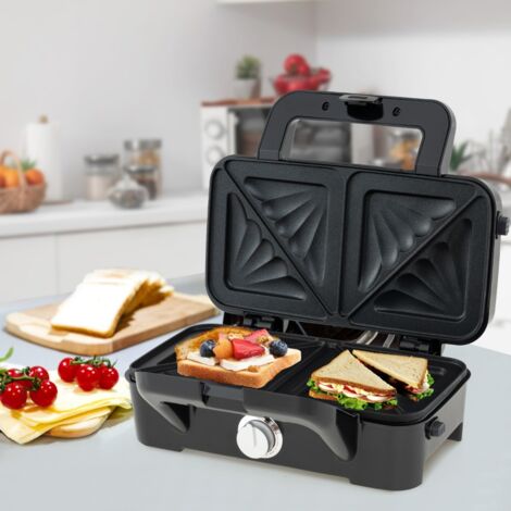 Appareil à Gaufres 3-en-1 Presse à Panini et Grille-Pain avec Plaques Antiadhésives Amovibles Machine à Croque-Monsieur Électrique Noir