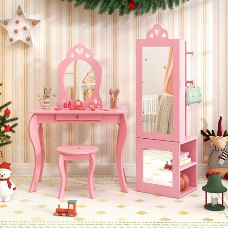 3 en 1 Armoire à Bijoux Enfants Organisateur de Bijoux avec Miroir Pleine Longueur Anti-Bascule Porte-Vêtements sur Pied Motif Cœur Rose (1/5)