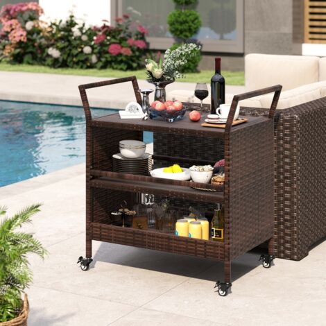 Chariot de Bar Extérieur en Rotin à 3 Riveaux pour Patio avec Roues Universelles Verrouillables et Poignées Latérales 86 x 50 x 89 cm