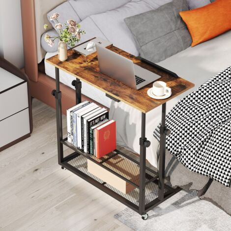 BTable Mobile Assis-debout Réglable en Hauteur avec Plateau Inclinable & Étagères Support pour Ordinateur Portable à Roulettes Brun Rustique (1/5)