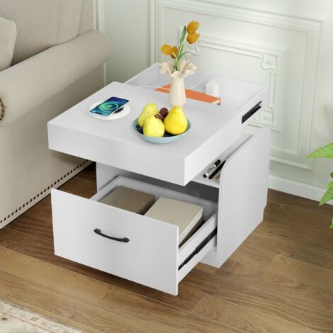 Table de Chevet avec Station de Charge & Rangement Supérieur Coulissant Table d'Appoint avec Plateau & Étagères Ouvertes Blanc (1/5)
