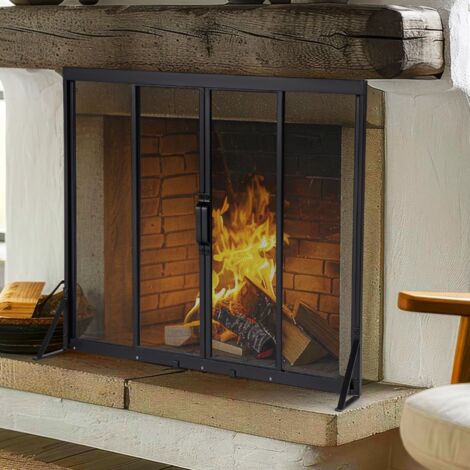 Protector de Chimenea con Puertas Corredizas Salvachispas para Chimenea de Seguridad con Marco de Soporte Triangular Malla Metálica 96x79cm (1/5)