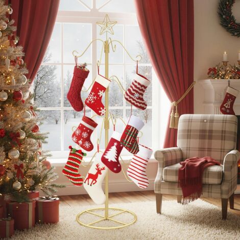 Support pour Chaussettes de Noël Arbre d’Affichage avec 16 Crochets Suspendus & Étoile Sommitale pour Décorations de Fête Doré (1/5)