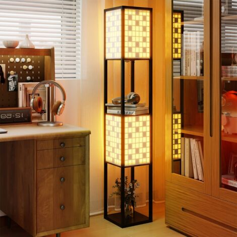 Lampadaire sur Pied avec 2 Étagères&2 Abat-jours Lampe de Lecture avec Motif à Carreaux&Douille E27 sans Ampoule Interrupteur à Pied Noir (1/5)