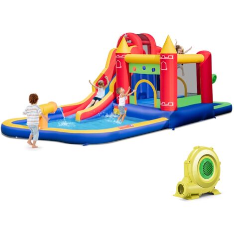 Toboggan aquatique gonflable 5 en 1 avec pataugeoire, pour 2-3 enfants de 3-10 ans (avec souffleur 680W Toboggan aquatique gonflable 5 en 1 avec pataugeoire, pour 2-3 enfants de 3-10 ans (avec souffleur 680W