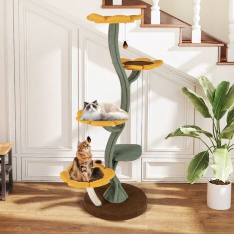 Tour à Chat Multi-étages Arbre à Chat avec 4 Plateformes en Forme de Fleur Poteaux à Griffer Base Large Plateforme Rembourrée Jaune (1/5)