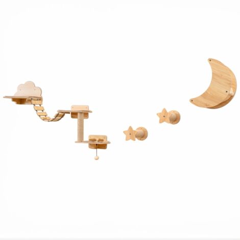 Ensemble de 6 Meubles Muraux pour Chat Étagères avec Hamac Pont Arbre à Chat à 2 Niveaux Plates-Formes Marches Poteaux à Griffer Beige (1/5)