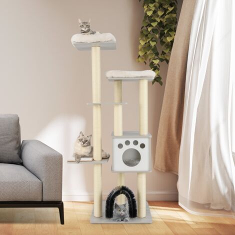 Arbre à Chat 175CM à 6 Niveaux avec Niche et Coussin Amovible Grande Tour de Jeu pour Chat avec Poteaux en Sisal Gris (1/5)