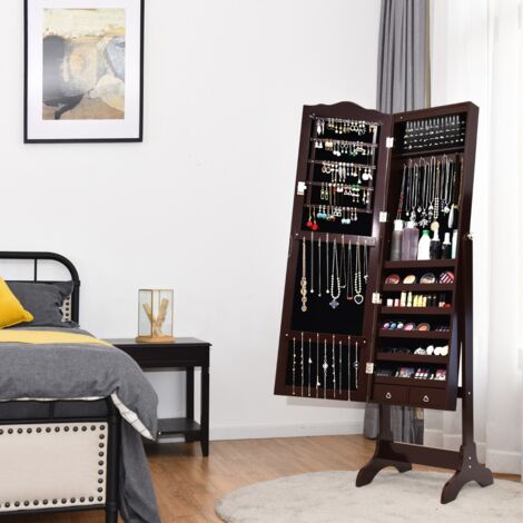 Armoire à Bijoux sur Pied avec 14 lampes LED Verrouillable Réglable à 4 Angles Marron (1/5)