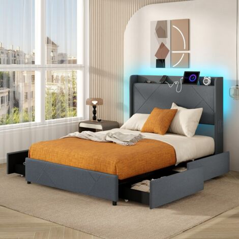 Lit 140x200 Éclairage LED&Multiprise USB-C &USB-A 4 Tiroirs 2 Poches de Rangement Cadre de Lit avec Sommier à Latte Tête de Lit de Rangement (1/5)
