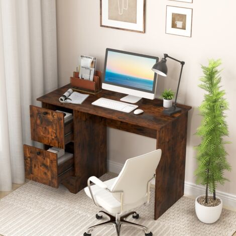 Bureau d'Ordinateur avec 2 Tiroirs Bureau d'Étude Compact pour Ordinateur Portable Station de Travail Multifonctionnelle Brun Rustique