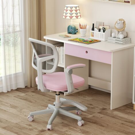 Chaise de Bureau pour Enfants Chaise d'Étude avec Hauteur Réglable Accoudoirs Repose-pieds et Roulettes Universelles pour 3-15 Ans Rose