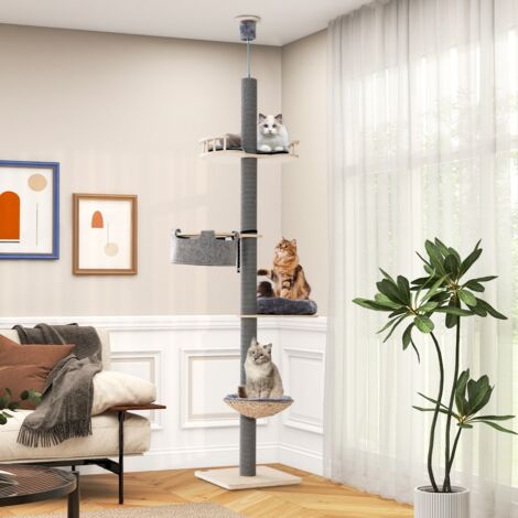 Arbre à Chat du Sol au Plafond avec Hauteur Réglable de 236 à 271 cm Tour à Chat en Bois à 5 Niveaux avec Hamac Gris (1/5)