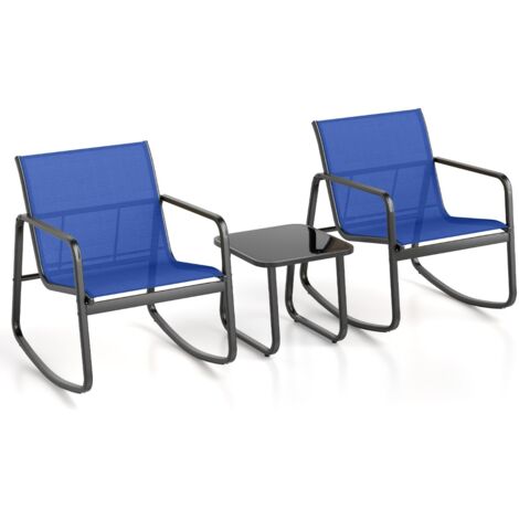 COSTWAY Salon De Jardin 4 Pièces Avec Chaises à Bascule - Table Verre, Cadre Métal Noir 150 Kg