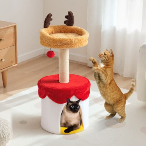 Arbre à Chat de Noël avec Lit Tour pour Chaton de 80 cm avec Poteau à Griffer en Sisal Balle Suspendue Perchoir Condo Coussin Lavable Blanc (1/5)