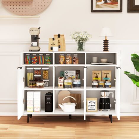 Buffet Meuble de Rangement avec Etagères Réglables à 5 Positions Meuble de Bar à Café avec 3 Compartiments Ouverts et Portes Blanc (1/5)