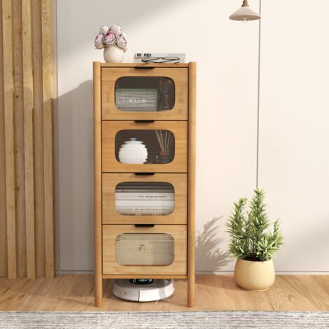 Commode à 4 Tiroirs Armoire de Rangement en Bambou avec Tiroirs en Verre Trempé Rayé Meuble de Rangement de Style Moderne Naturel (1/5)