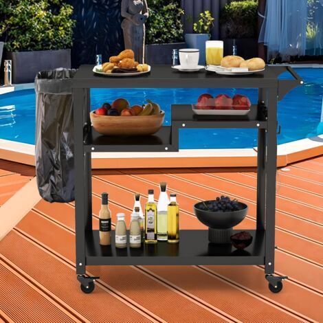Chariot de Barbecue d'Extérieur à 3 Étagères Desserte de Jardin avec 4 Roues Verrouillables Crochets et Poignée Latérale Table de Four à Pizza Noir