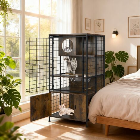 Armoire en Bois pour Chat Arbre à Chat Multi-niveaux avec Cadre Métallique Bol Trous d'Accès Armoire de Rangement Porte en Maille (1/5)