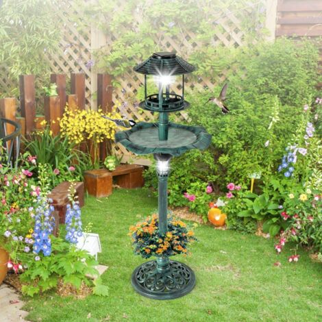 Bain d'Oiseaux Énergie Solaire Décoration d'Extérieur sur Pied Rétro Éclairé avec 2 Lampes Jardinière de Fleurs Mangeoire Abreuvoir
