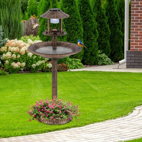 Bain d'Oiseaux Solaire d'Extérieur Éclairé Nourrisseur d'Oiseaux 3 en 1 avec Base de Jardinière Lampe Solaire 51 x 51 x 107 cm Bronze