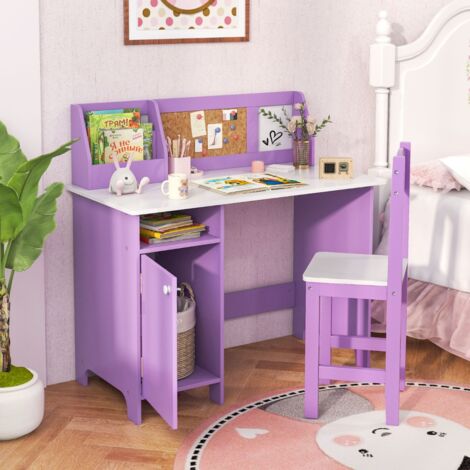 Bureau pour Enfants avec Chaise Tableau d'Affichage Bibliothèque en Bois pour le Salon Chambre d'enfants 3+ Ans Violet