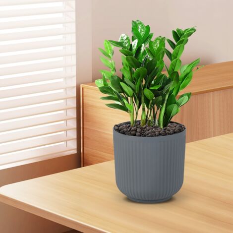 Lot de 2 Jardinières Rondes en Plastique 32cm à Rayures avec Système de Drainage en Option Gris (1/5)