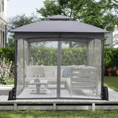 Tonnelle de Jardin 300x300 cm avec Parois en Filet Tente de Reception avec Double Toit Structure en Métal 4 Sacs de Sable Gris (1/5)