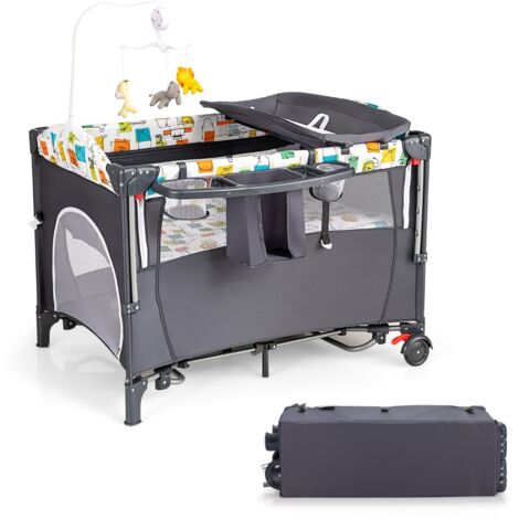 Lit Parapluie Bébé Pliant 5 en 1 avec Matelas Table à Langer Boîte à Musique 3 Jouets 4 Hauteurs d'Accoudoir Réglables Gris