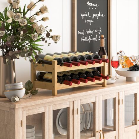 Casier à Vin Organisateur de Rangement pour 12 Bouteilles sur 2 Niveaux Support à Bouteilles en Bambou Étagère à Vin Naturel (1/5)