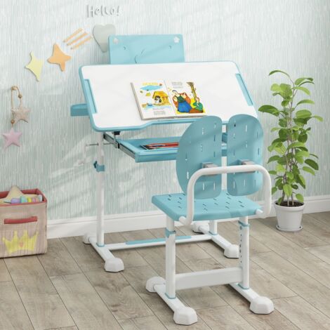 Ensemble de Bureau et Chaise pour Enfant Bureau d'Étude Réglable en Hauteur avec Plateau Inclinable Support de Livre Bleu (1/5)