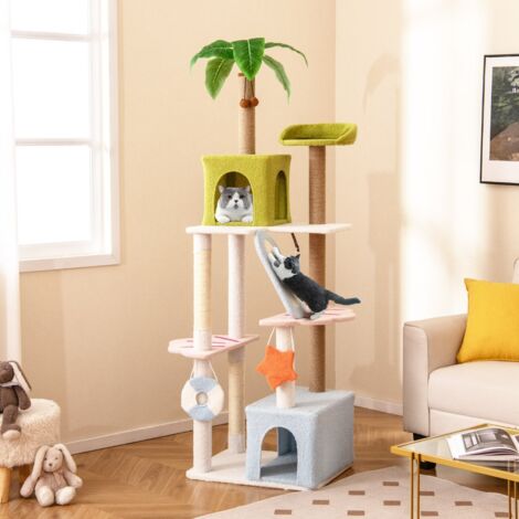 Arbre à Chat de 180 CM sur Plusieurs Niveaux avec 2 Condos Perchoir Poteaux à Gratter en Sisal et Jute Plante Artificielle Coloré (1/5)