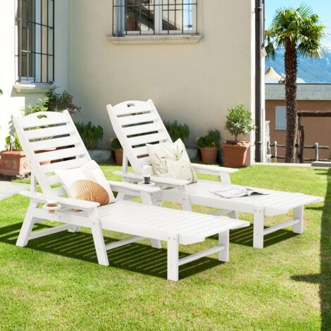 Chaise Longue Inclinable en HDPE avec Dossier à 4 Positions et Porte-gobelet Pivotant Inclinable et Résistante aux Intempéries Blanc (1/5)