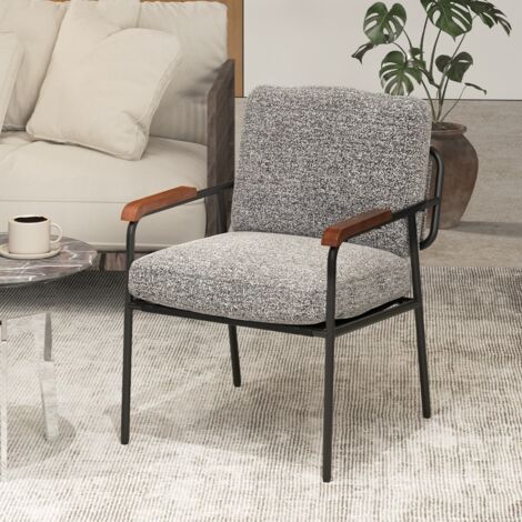 Fauteuil d’Accent Chaise de Salon avec Coussin Dorsal Siège Large Rembourré Accoudoirs en Bois Massif Cadre en Métal Chaise de Lecture Gris (1/5)