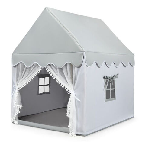 Tente de Jeu pour Enfants avec Tapis Rembourré & Cadre en Bois Maisonnette avec Rideaux en Gaze et Fenêtres 120 x 105 x 140 cm Gris