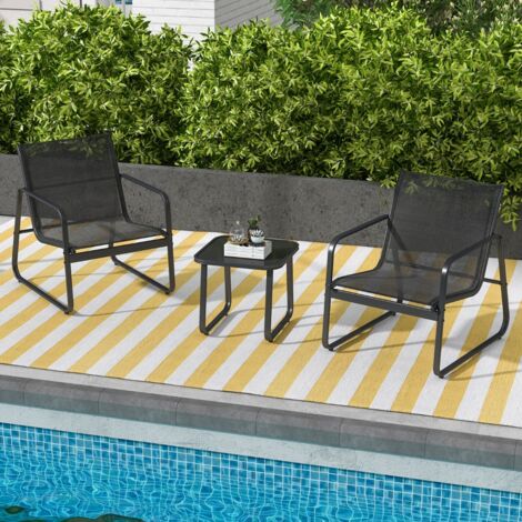 Salon de Jardin 3 PCS en Textilène Anti-UV Table Basse en Verre Trampé Cadre en Métal Noir (1/5)