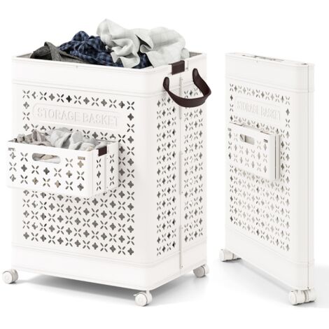 Panier à Linge Pliable Bac de Rangement en Plastique de 75L avec Panier à Sous-vêtements et Poignées Corbeille à Linge Pliable Blanc (1/5)