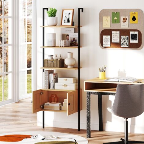 Bibliothèque Échelle à 5 Niveaux avec Cabinet en Rotin Étagère Murale de 184cm avec Cadre Métallique Étagère Boho Ouverte Naturel (1/5)