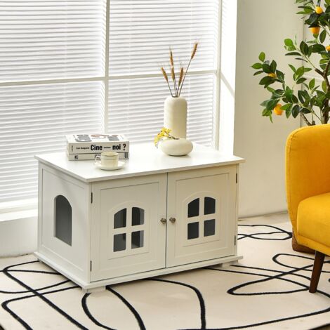 Maison de Toilette pour Chat avec Double Portes Fenêtres Entrée Latérale en Option Ventilée avec Couchage Blanc