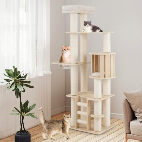 Arbre à Chat 185 CM en Contreplaqué Massif avec Condo Perchoir Poteaux à Griffer Échelle à 3 Marches Coussins Lavables Naturel (1/5)