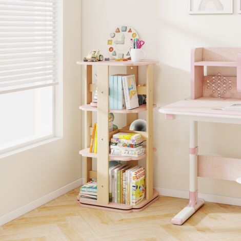 Bibliothèque Rotative Étagère à Livres pour Enfants à 3 Niveaux Tour Rotative à 360° avec 12 Compartiments Support à Livres Rose (1/5)