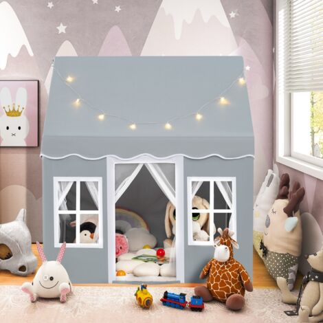 Tente de Jeux avec Guirlandes Lumineuses Étoiles Cabane Enfant Interieure avec Tapis Antidérapant pour 3-4 Enfants de 3-10 Ans Gris