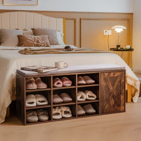 Banc à Chaussures avec Coussin Rembourré Étagère à Chaussures 3 Niveaux avec Étagères Ajustables Ouvre-porte Marron Rustique (1/5)
